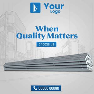 Image showcasing steel pipes with a quality assurance message and company logo.