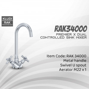 Chrome RAK34000 Premier X Dual Controlled Sink Mixer with Metal Handles