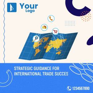 Illustration of a world map with icons representing international trade and strategic guidance.