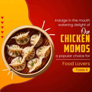 Close-up of steamed chicken momos in a bamboo steamer with promotional text.
