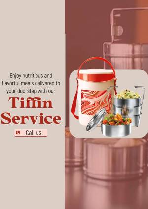 Image of a red and white tiffin carrier with delicious meals, promoting a tiffin service.