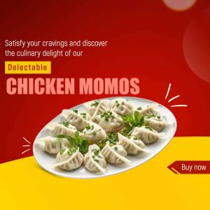 Close-up of a plate of steamed chicken momos with a vibrant red and yellow background.