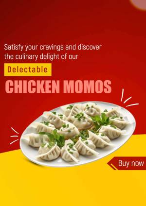 Close-up of a plate of steamed chicken momos with a vibrant yellow and red background.