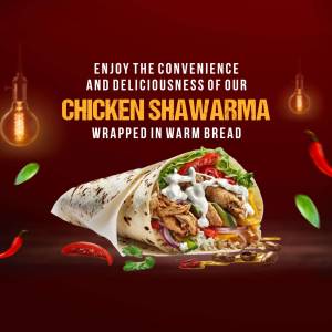Close-up of a Chicken Shawarma wrapped in warm bread with fresh ingredients.