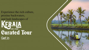 Scenic view of Kerala backwaters with a boat and palm trees, promoting a curated tour.