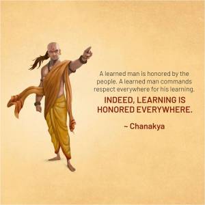 Illustration of Chanakya pointing forward with a quote about learning.
