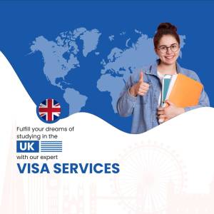 Young woman with UK flag and world map promoting UK visa services