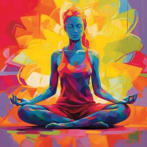 Woman meditating in a vibrant, abstract setting