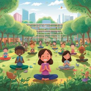 A diverse group of children practicing yoga in a lush green park with a city skyline in the background.