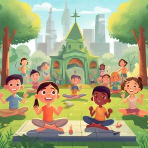 Children practicing yoga in a park with a city skyline in the background.
