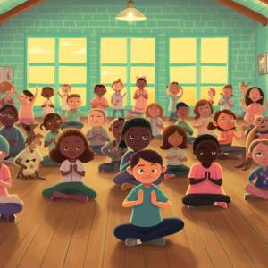 Illustration of children practicing yoga in a bright classroom.