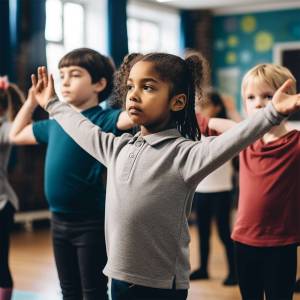 Group of young children practicing ballet or dance in a classroom setting.