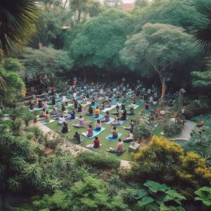 Large group of people practicing yoga outdoors in a lush garden setting.