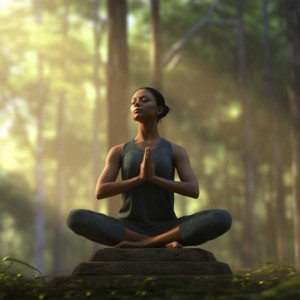 A woman in a yoga pose meditating in a lush green forest.