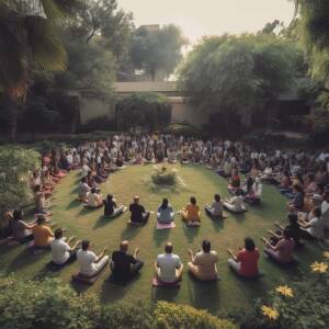 Large group of people meditating in a circle on a green lawn surrounded by trees.