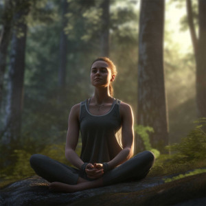 A woman sits in a meditative pose in a sun-dappled forest.