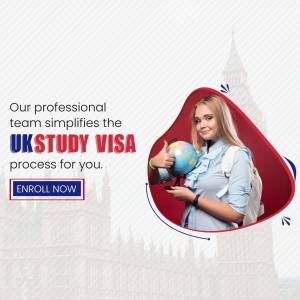 Young woman holding a globe with UK landmarks in the background, promoting UK Study Visa services.
