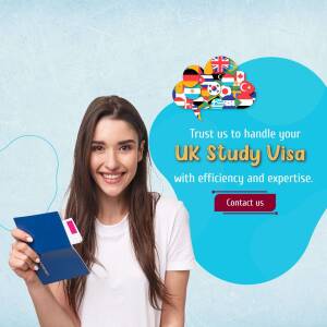 Woman holding a passport with flags representing different countries, promoting UK Study Visa services.