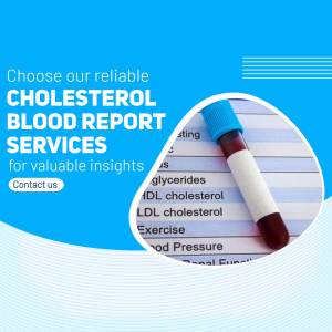 Image depicting a cholesterol blood report with a blood vial, promoting health testing services.