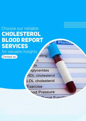 Image of a blood test vial and cholesterol report for health and medical services.