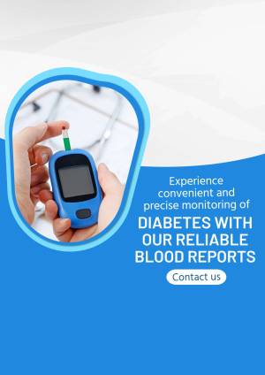 Image of a hand using a blood glucose meter with text promoting diabetes monitoring services.