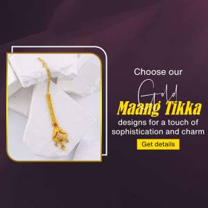 Close-up of a gold Maang Tikka on a white surface with promotional text.