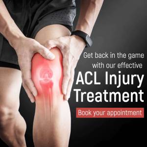 Man holding his injured knee with a red glow highlighting the ACL area, promoting ACL injury treatment.
