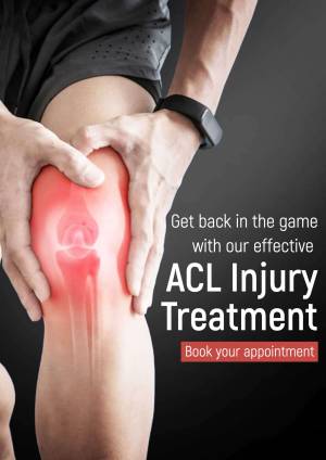 Close-up of a person holding their knee with a red glow highlighting the ACL area, promoting ACL injury treatment.