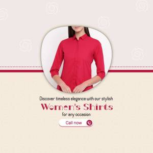 A woman wearing a red shirt with text promoting women's shirts.