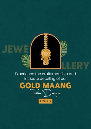 Close-up of a gold Maang Tikka with tropical leaves and text promoting craftsmanship.