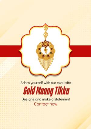 Close-up of a gold Maang Tikka with intricate design on a cream and red background.
