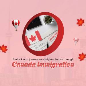 Canada immigration concept with Canadian flag, maple leaves, and application form
