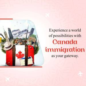 Image depicting travel and immigration to Canada with landmarks and a suitcase.