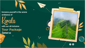 Kerala tourism advertisement with a scenic landscape and travel elements.