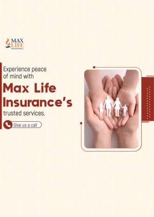 Hands cradling a family figurine with Max Life Insurance branding.