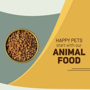 Close-up of pet food in a bowl with text 'Happy Pets start with our Animal Food'