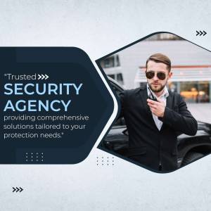 Security guard standing by a car, promoting a security agency.