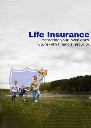 Family running with a kite under a cloudy sky, representing life insurance protection.
