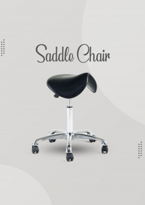 Black saddle chair with chrome base on a light gray background