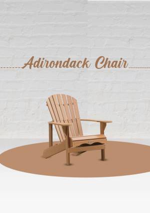 A wooden Adirondack chair against a white brick wall with a brown circular backdrop.