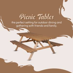 Wooden picnic table with benches on a beige and brown background