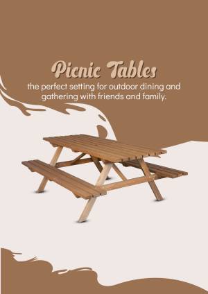 Wooden picnic table set on a beige and brown background
