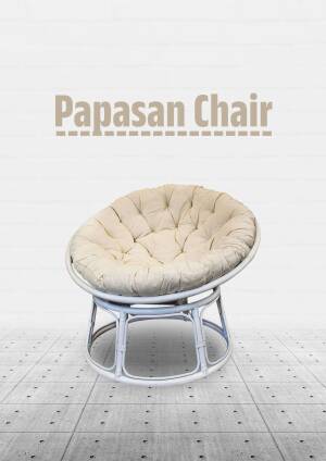 A white papasan chair with a cream cushion on a grey tiled floor.