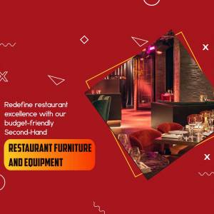 Red and white promotional image for used restaurant furniture and equipment.
