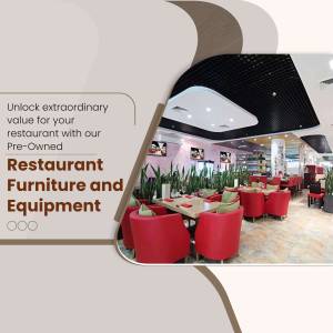 Interior view of a restaurant with red chairs and tables, promoting pre-owned furniture and equipment.
