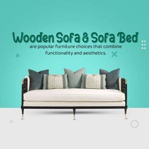 A stylish wooden sofa with comfortable cushions against a teal background.