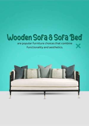 Image of a cream-colored sofa with gray and patterned pillows against a teal background with text promoting wooden sofas and sofa beds.