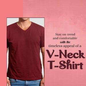 A person wearing a maroon v-neck t-shirt with text promoting the timeless appeal of v-necks.