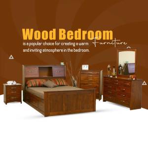 A warm and inviting wood bedroom furniture set including a bed, nightstand, dresser, and mirror.