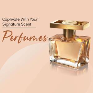 Elegant perfume bottle with golden accents on a peach background